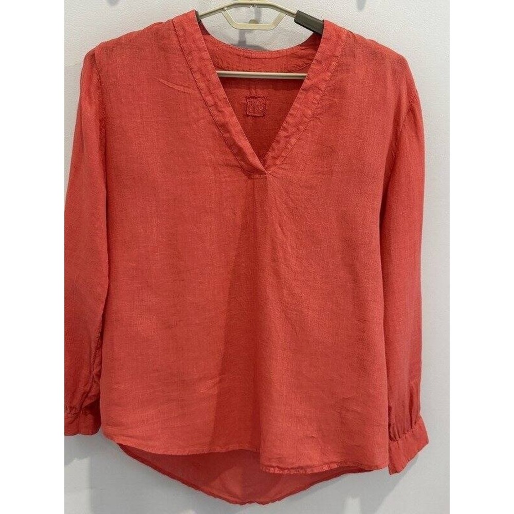 120% Lino Womens Linen Notch Neck Long Sleeve Tunic Shirt Coral Pink L